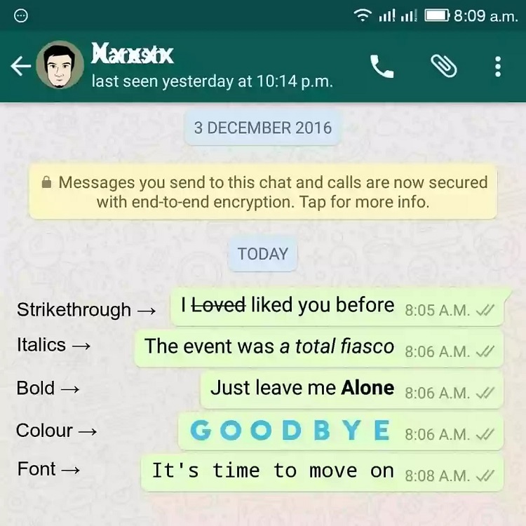 تغییر شکل نوشته پیام های ارسالی در واتساپ