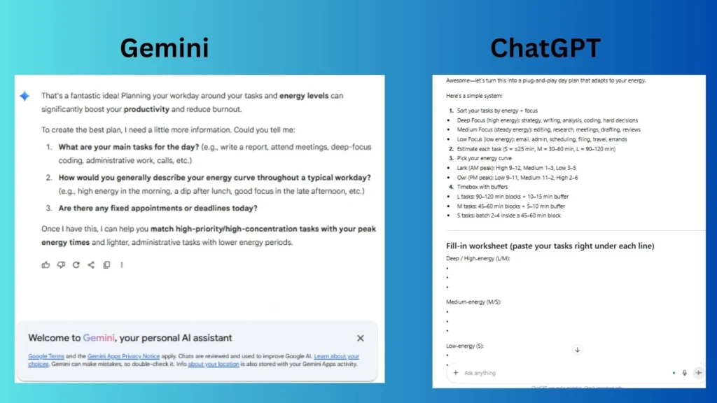 ChatGPT در برابر Gemini: کدام هوش مصنوعی بهره وری شما را واقعاً افزایش میدهد؟ (برنده مشخص شد) 9 ChatGPT در برابر Gemini: کدام هوش مصنوعی بهره وری شما را واقعاً افزایش میدهد؟ (برنده مشخص شد)