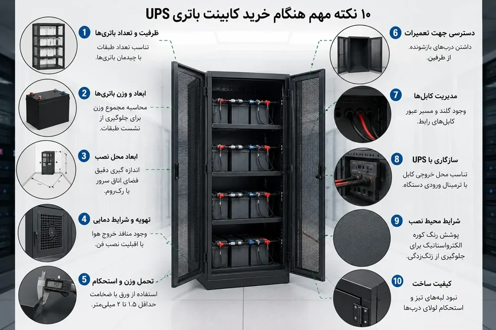چرا انتخاب کابینت باتری مناسب، عمر سیستم UPS شما را افزایش میدهد؟ 9 کابینت باتری